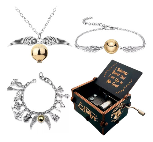 Caja Musical Harry Potter Hedwig Collar + 2 Pulseras Snitch 