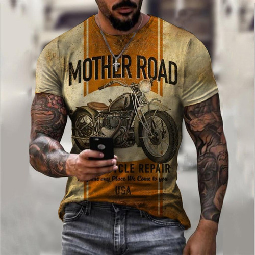 Polera De Manga Corta Con Estampado 3d De Moto De Verano.