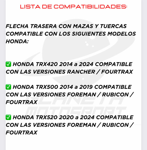 Flecha Barra Eje Mazas Tuerca Trasera Honda Trx420 2014-2024