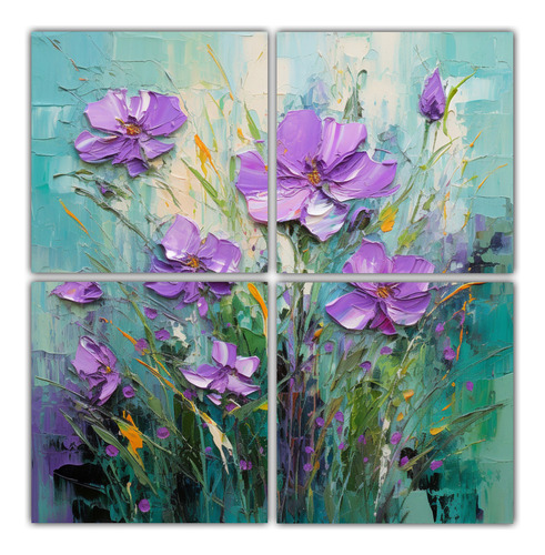 60x60cm Cuadro Flores Verde Morado Artes Lindo Bastidor Made