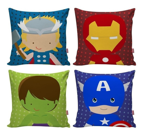 Kit 4 Capa Almofada Super Heroi Vingadores Hulk Thor Cor Azul infantil