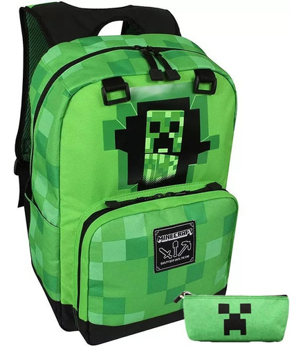 Mochila Escolar Infantil Minecraft De Gran Capacidad, 2 Unid Color Verde