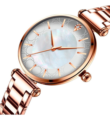 Reloj Inoxidable Nacar Brillante Elegante Mov Japones Cu Color De La Correa Oro Rosado