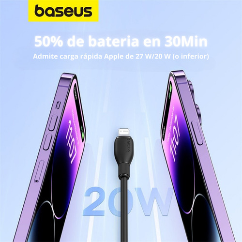 Baseus Cable Tipo C-ip 1.2 Metros 20w Cargador Para iPhone + Cubo De Carga 2 Puertos Usb A Y Tipo C Color Negro Carga Rápida Cable Material Flexible Y Resistente 50% De Pila En 30min