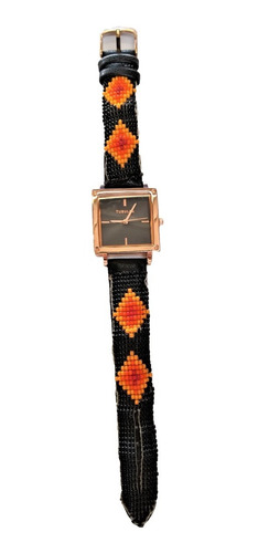 Reloj Dorado Decorado Con Chaquira Negro Y Amarillo. Huichol