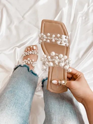 Sandalias Mujer Chatitas Bajas Transparentes Cristal Perlas