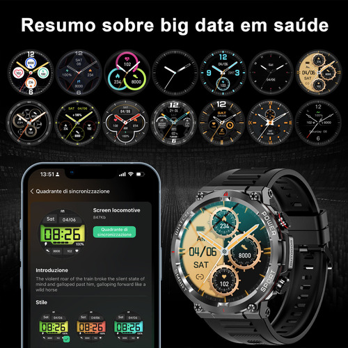 Masculino Smartwatch Relógio Inteligente Militar Smart Watch Caixa Preto Pulseira Preto Bisel Preto