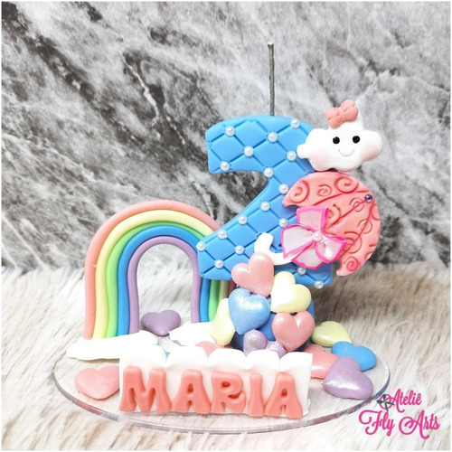 Imagem 4 de 4 de Vela Topo De Bolo Em Biscuit Chuva De Amor Arco Iris
