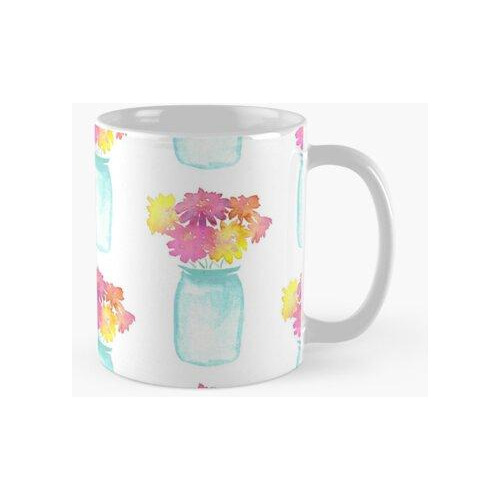 Taza Florero Azul Lleno De Flores Calidad Premium