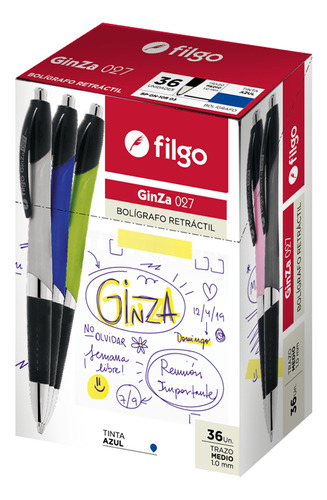 Boligrafo Filgo Ginza Tinta Azul Retrac Trazo 1mm Tubo X36u 