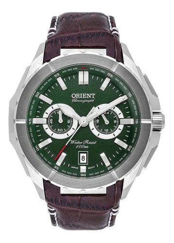 Relógio Orient Masculino Cronógrafo Prata Mbscc060 E1nb Cor da correia Marrom Cor do fundo Verde