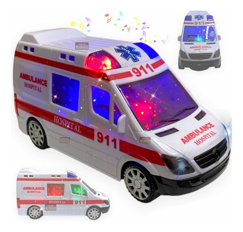 Brinquedo Infantil Carrinho Ambulância Com Som Luz Sirene Cor Branco