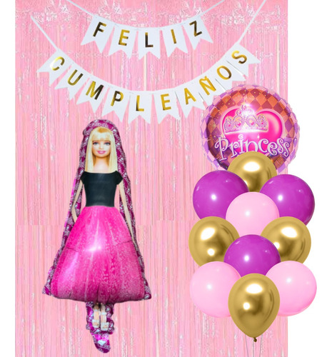 Combo Cumpleaños Globos Barbie Girl Rosa Tematica Decoracion