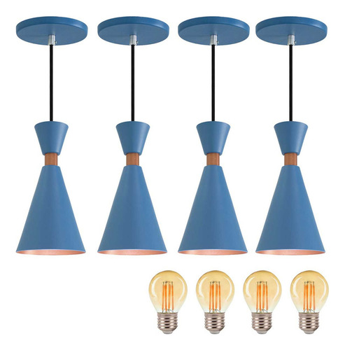 Kit 4 Pendente Luminária Mini Pequim Azul 24cm com Led G45 Iluminar Ambiente