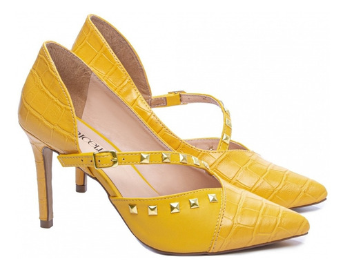Imagem 3 de 4 de Sapato Scarpin Amarelo Salto Alto Fino Fechado Confortável
