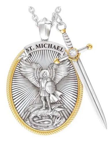 Collar Medalla San Miguel Arcangel Con Espada Dije Y Cadena Aleac...