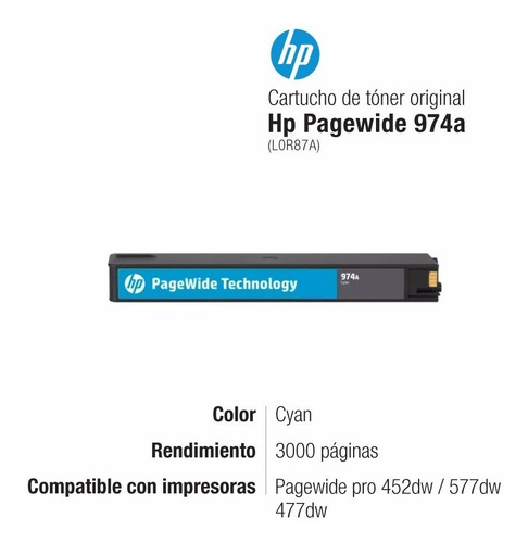 Imagen 2 de 4 de Cartucho Hp 974a Cyan Original L0r87a Pagewide Hp 452 477