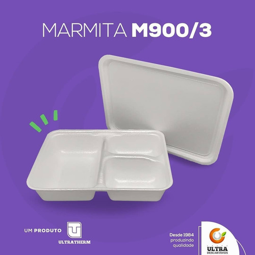 Imagem 2 de 4 de Marmitex Isopor 3 Divisórias 900ml C/ Tampa 100un
