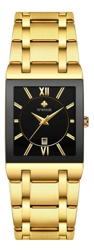 Reloj de pulsera Wwoor 8858 con cuerpo dorado, analógico, para hombre, fondo negro, con correa de acero inoxidable dorado, agujas doradas, subesferas doradas, bisel negro y plegable