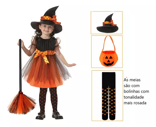 Fantasia Bruxa Infantil Halloween vestido e chapéu 2 cores a pronta entrega