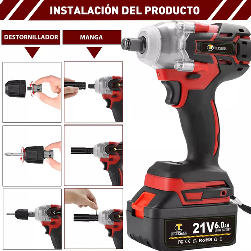 Pistola Llave de impacto inalámbrica Conentool de 850 nm, iones de litio, 2 baterías, color rojo, 127 V, 800 W