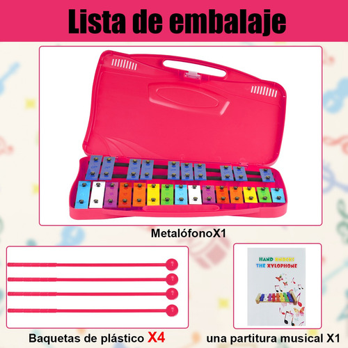 Metalófono Cromático 25 Notas Xilófono Escolar Con 4 Baqueta Rosa
