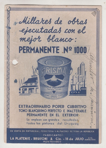 Antiguo Papel Secante Con Publicidad Pinturas Prisma Uruguay
