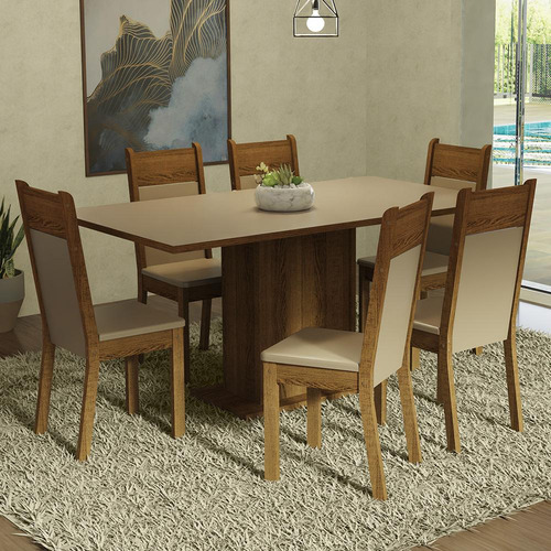 Sala Jantar Mesa Tampo Madeira 6 Cadeiras Crb Augusta Madesa Cor Crema/Rustic/Bege Desenho do tecido das cadeiras Liso