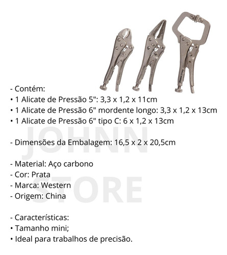 3 Mini Alicates Pequeno Pressão, Mordente, Tipo C, Aço Pro