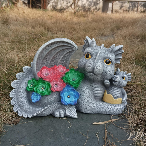 Estatua De Jardín Solar Con Estatuilla De Dragón Divertida