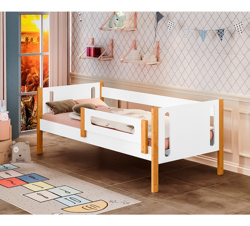 Cama De Solteiro Mirela Branco/ Mel Com Grade De Proteção Cor Branco/Mel