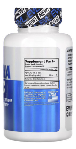 Alpha Gpc 300 mg 60 cápsulas vegetales Evolution Nutrition Sabor sin sabor