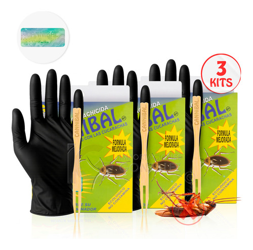 Kit 3 Mata Cucarachas Cannibal® Veneno Original Con Holograma De Autenticidad Exterminador Ecológico Con 3 Piezas De 80g. + Guante Y Aplicador