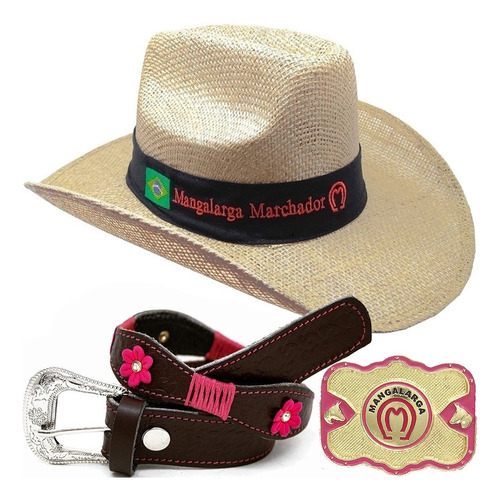 Kit Infantil Country Chapeu + Cinto Menina Rosa + Fivela