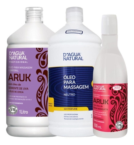  Kit 3 Óleos De Massagem Aruk Uva, Rosa Mosqueta E Neutro