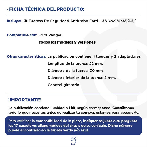Kit Tuercas De Seguridad Antirrobo Ford Ranger Original