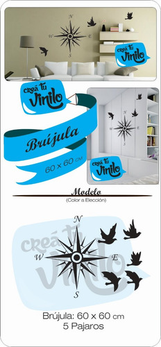 Vinilo Brújula Con Pajaros Decorativo Pared