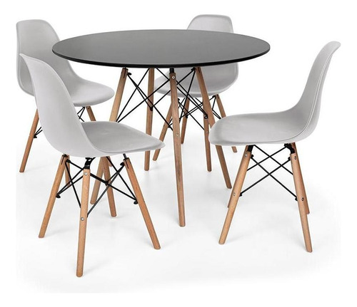 Kit Mesa Jantar Eiffel 80cm Preta + 4 Cadeiras Charles Eames Cor Cinza
