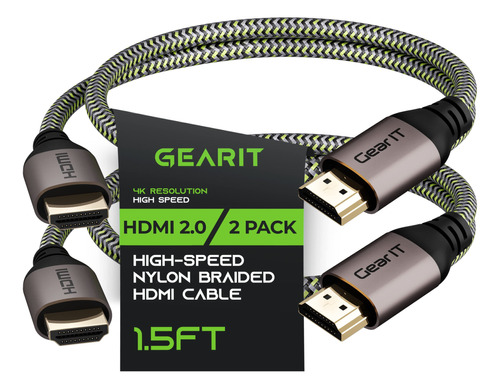 Gearit Cable Hdmi 4k, (paquete De 2 / 1.5 Pies / 1.5ft) Hdmi