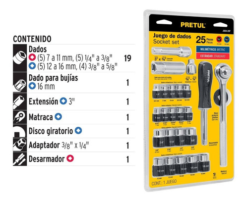 Imagen 3 de 7 de Juego Kit Tubos Bocallave 25 Piezas Pretul 1/4 Y 3/8''