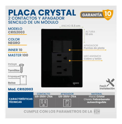 Placa Cristal Apagador Sencillo Y 2 Contactos Negro Igoto 15 A 125v Negro