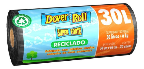 Saco de Lixo Preto Reciclado Super Forte 30 Litros Dover Roll com 30 unidades