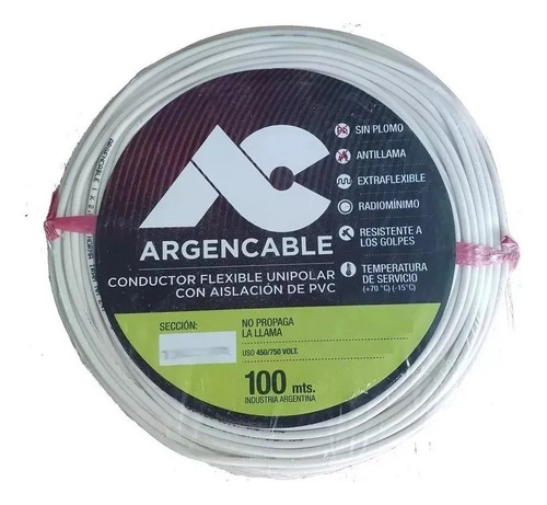 Cable unipolar Argencable 2.5mm² blanco x 100m