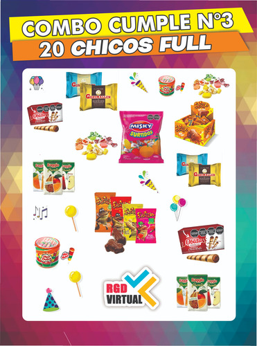 Combo 03 - Golosinas Cumpleaños - 20 Chicos Full - Rgd
