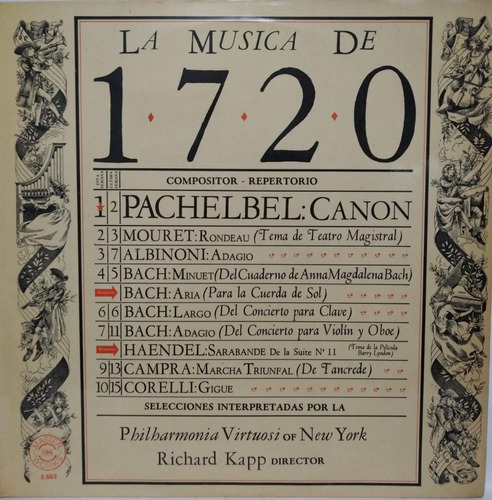 Philharmonia Virtuosi Of New York  La Música De 1720 Lp
