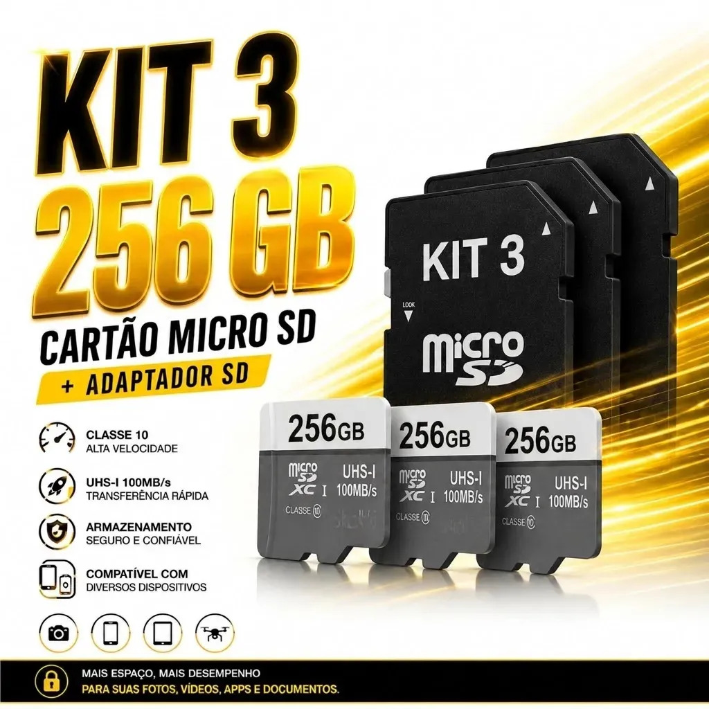 Pack 3 Cartões Micro SD 256GB SHOKKI Classe 10 com Adaptador SD para Celular e Câmera