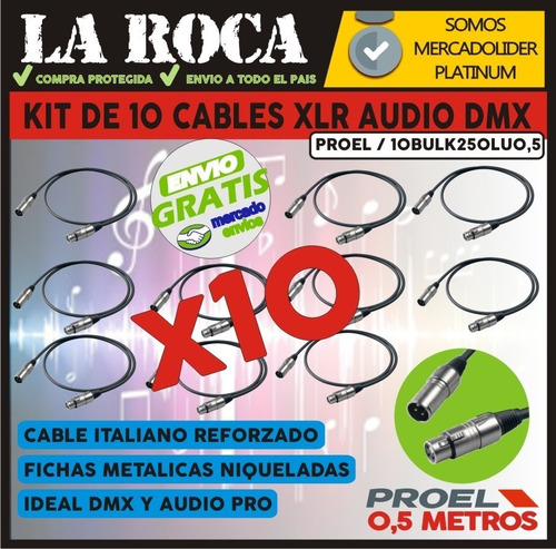 Imagen 3 de 10 de Kit 10 Cables Xlr Proel Bulk250lu05 Dmx Xlr 50 Cm Cuota