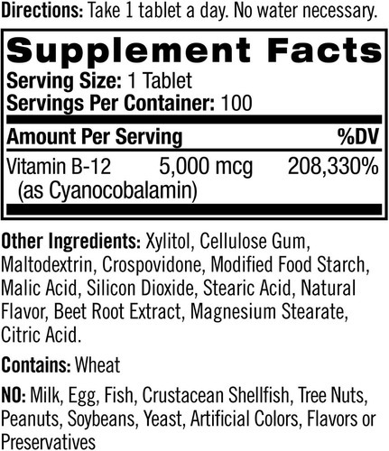Vitamin B-12 (cyanocobalamin) 5000 Mcg X 100 Tabs Veg