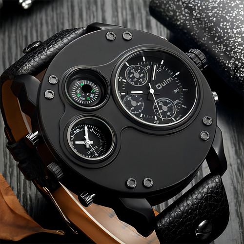 Reloj Impermeable De Cuarzo Oulm Two Time Zone Color Del Fondo Negro