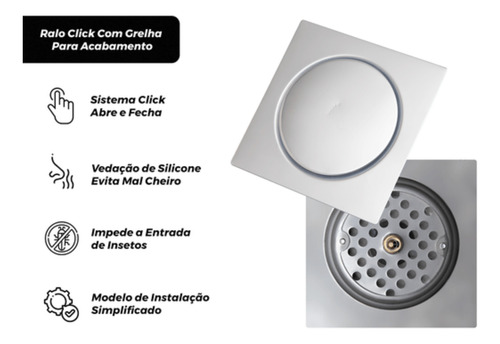 Ralo Embutido Click Quadrado Inteligente Aço Inox Polido